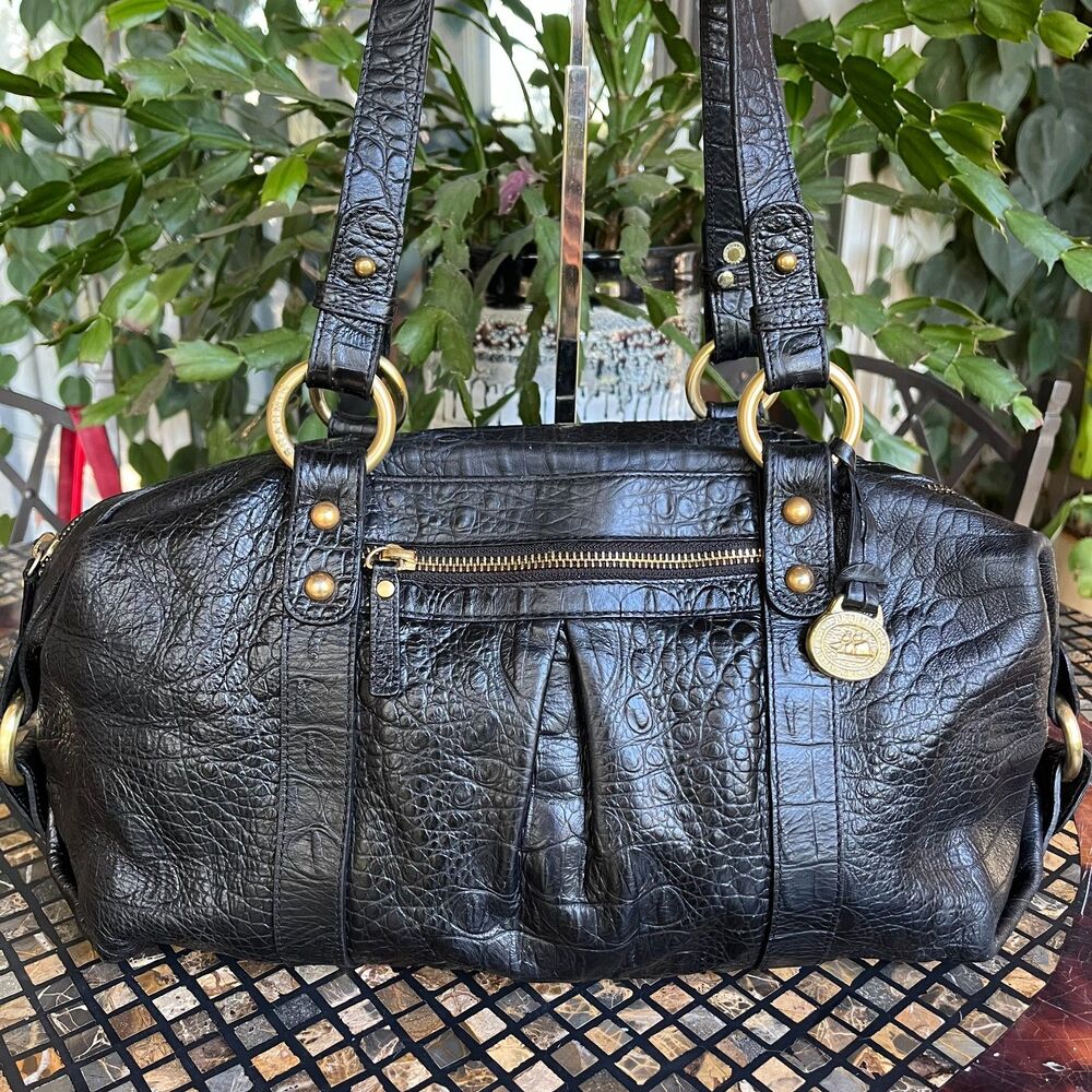 Brahmin Womens Croc-Embossed Melbourne Black Satchel Vintage Bag w/Eye